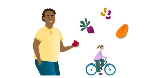 Tegninger av mann som spiser eple, jente på sykkel, rødbete, bønner og laks.