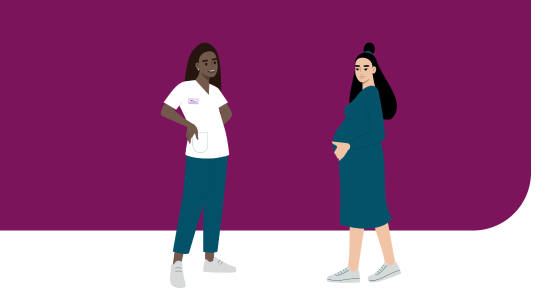 Jordmor og gravid kvinne. Illustrasjon.