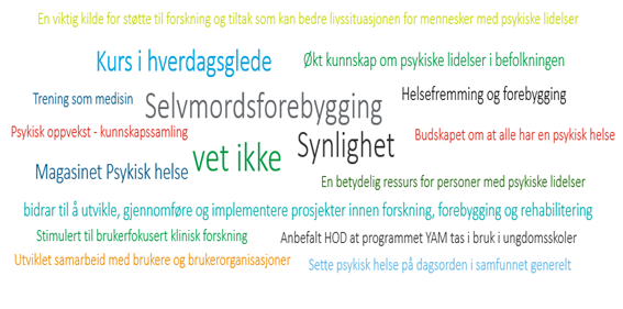 Figur 6: Bilde som viser "ordsky" med tilbakemeldinger fra medlemmene på viktigste resultater. De største ordene er : "Selvmordsforebygging", "synlighet", "vet ikke", " kurs i hverdagsglede". De mindre er: "Magasinet Psykisk helse", "Psykisk oppvekst - kunnskapssamling", "trening som medisin", "økt kunnskap om psykiske lidelser i befolkningen", "helsefremming og forebygging", "en betydelig ressurs for personer med psykiske lidelse", "bidrar til å utvikle, gjennomføre og implementere prosjekter innen forskning, forebygging og rehablitet", "stimulert til brukerfokusert klinisk forskning", "anbefalt HOD at programmet YAM tas i bruk i ungdomsskoler", "Sette psykisk helse på dagsorden i samfunnet generelt", "utviklet samarbeid med brukere og brukerorganisasjoner", "en viktig kilde for støtte til forskning og tiltak som kan bedre livssituasjonen for mennesker med psykiske lidelser"